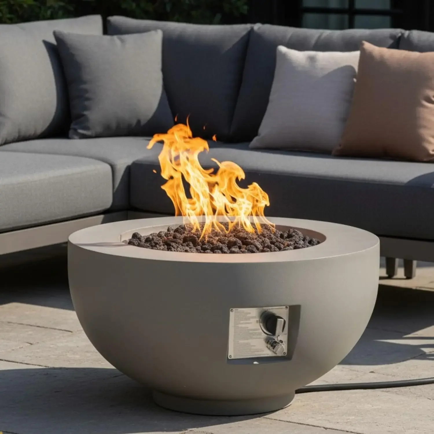Outdoor Round Propane Fire Pit Table 28-inch,40,000 BTU Fire Pit Bowl,Light Concrete Propane Fire Pit with Free Lava
