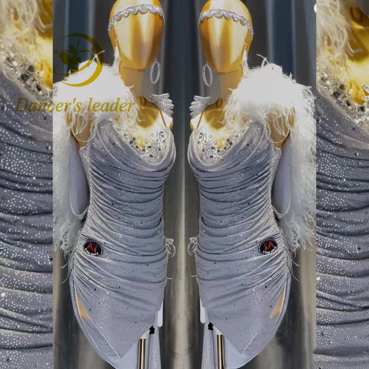 

Latin Dance AB Stone Female Adult Children High end Customized Angel White Ostrich Feather Black Pool Samba Performance Dress