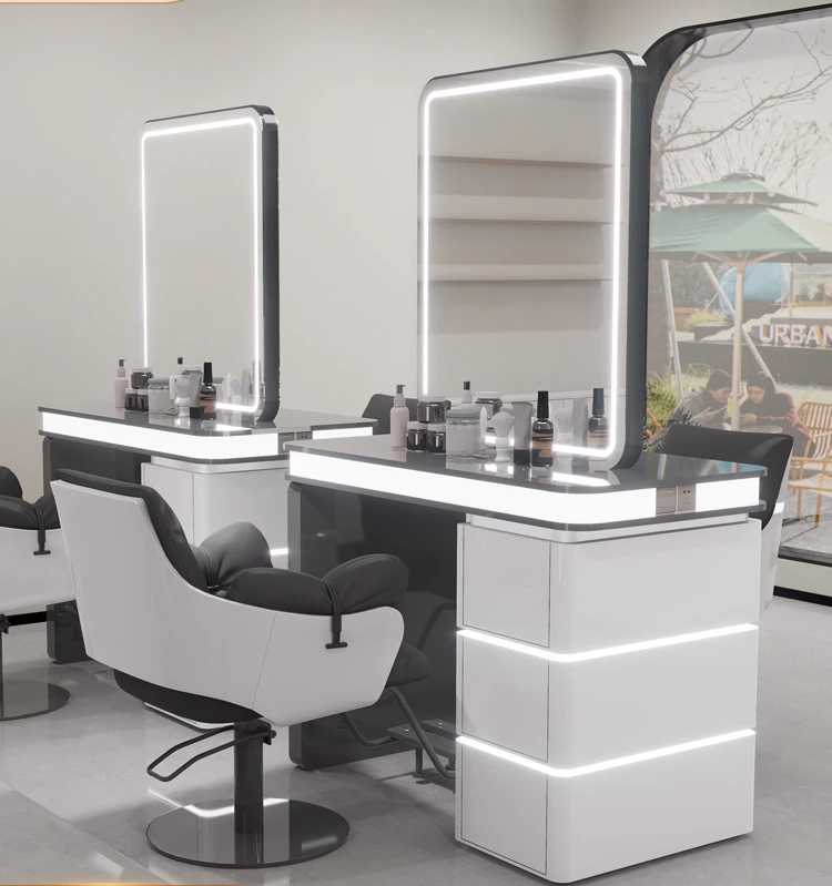 Stainless steel lamp with hot dye hair cutting mirror, hair salon mirror stand