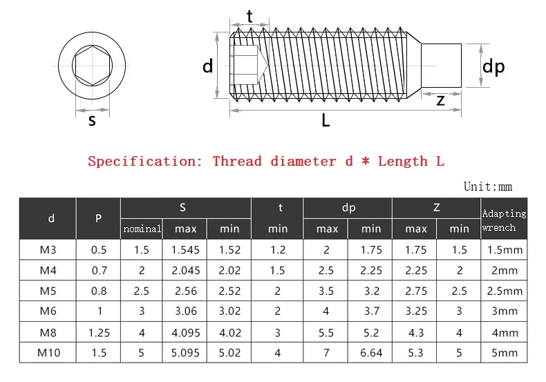 304 Stainless Steel Allen Head Hex Hexagon Socket Set Screw with Dog Point Grub Convex End Bolt M3 M4 M5 M6 M8 M10 DIN915