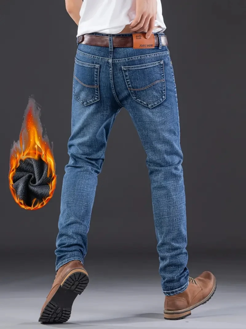 Pantaloni in denim da lavoro in flanella calda termica elasticizzata dritta in pile invernale Abbigliamento di marca maschile Jeans da uomo d'affari alla moda