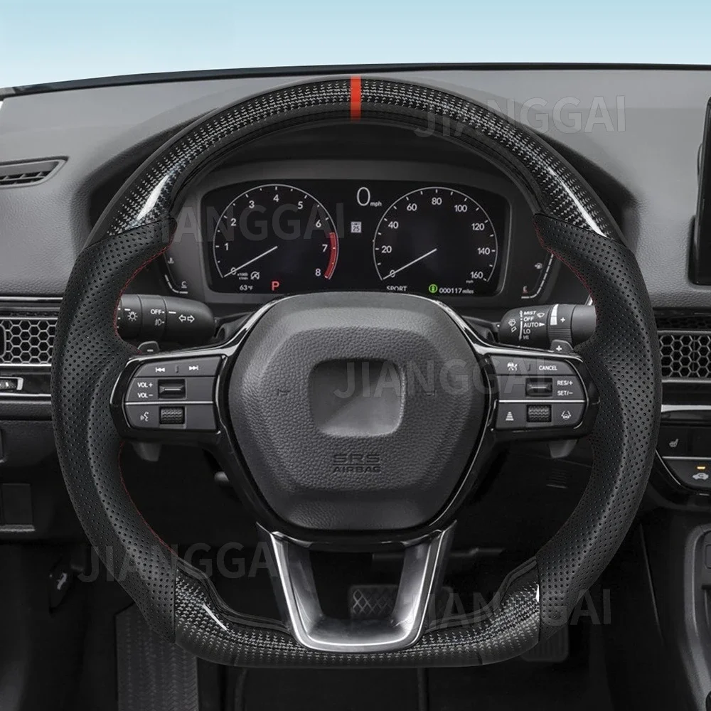 Fit For Honda 11th Civic FL 2022-2025 Carbon Fiber Steering Wheel Round Top Flat Bottom D-Type Red Stitching Position Line