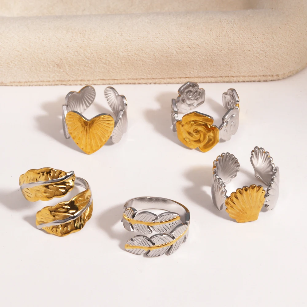 Zweifarbige Gold-Silber-Farbe, PVD-Edelstahlringe für Damen und Herren, Muschelblatt, Blume, Herz, offene Ringe, verblasst nicht, Luxus-Schmuck