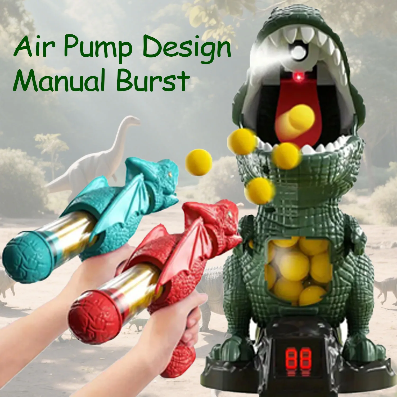 恐竜のおもちゃ、48発のエアポンプガン2個、恐竜の射撃おもちゃ、屋内および屋外のゲーム、取り外し可能な恐竜の射撃おもちゃ