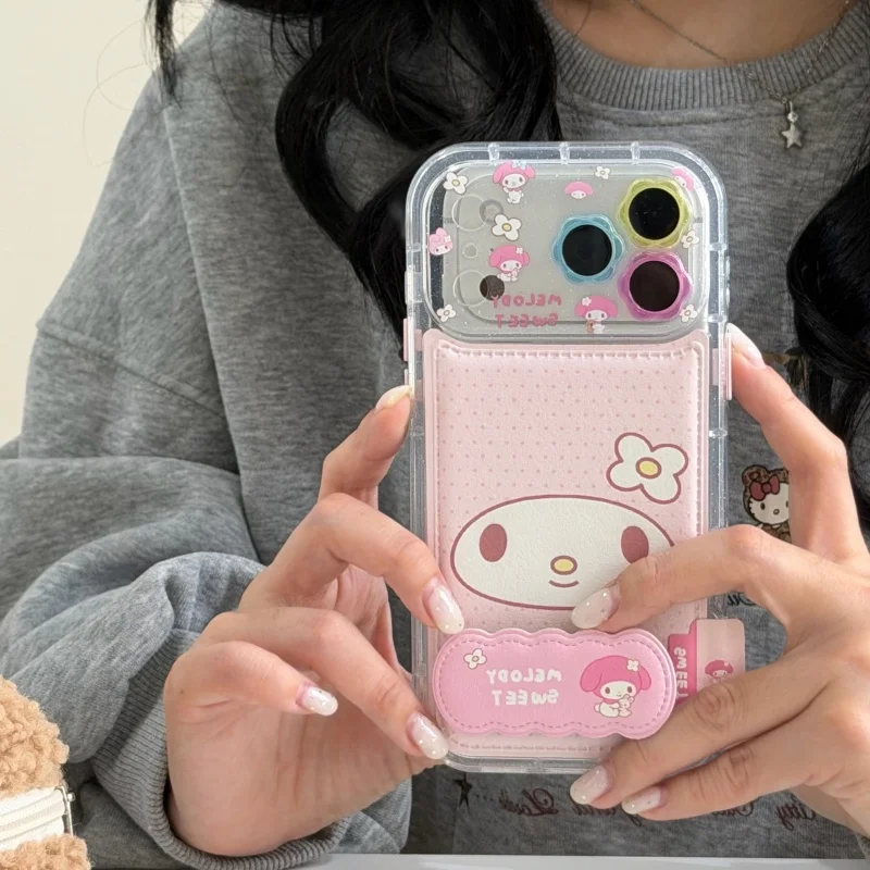 

Luxury Pink Melody Holder Cute cartoon Sparkling My Melody Polka Dots leather Phone Case For iPhone 13 14 15 16 17Pro Max Cover