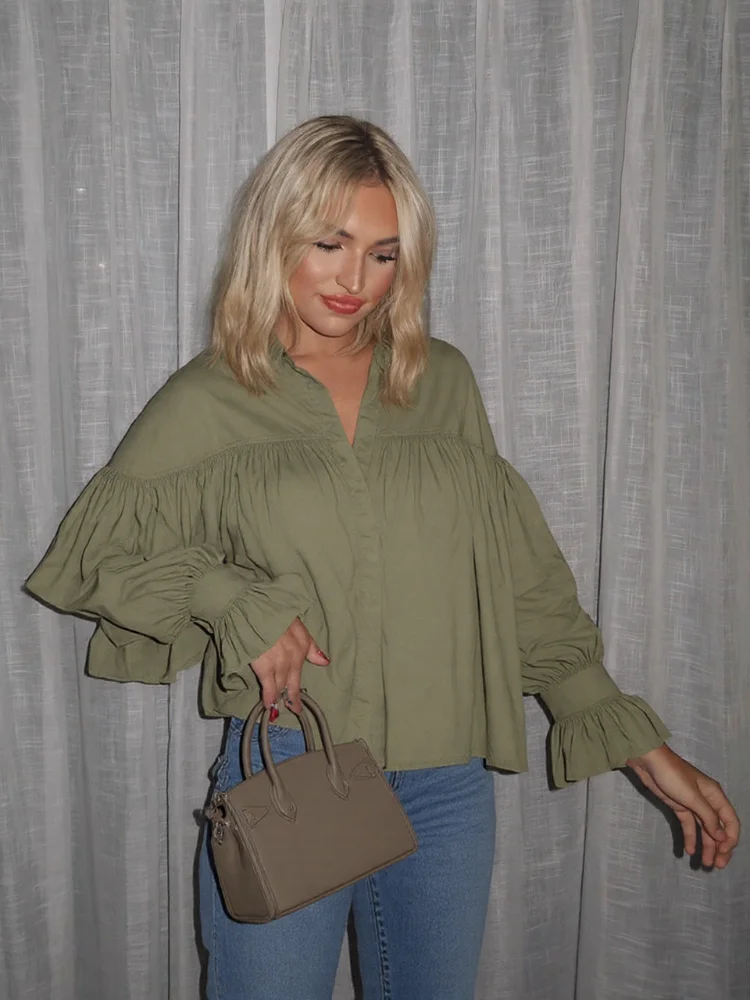 

Lapel Long Sleeve Women's Shirt Pleated Fashionable Solid Loose Fit Female Shirts Spring Chic Casual Holiday Streetwear 2025