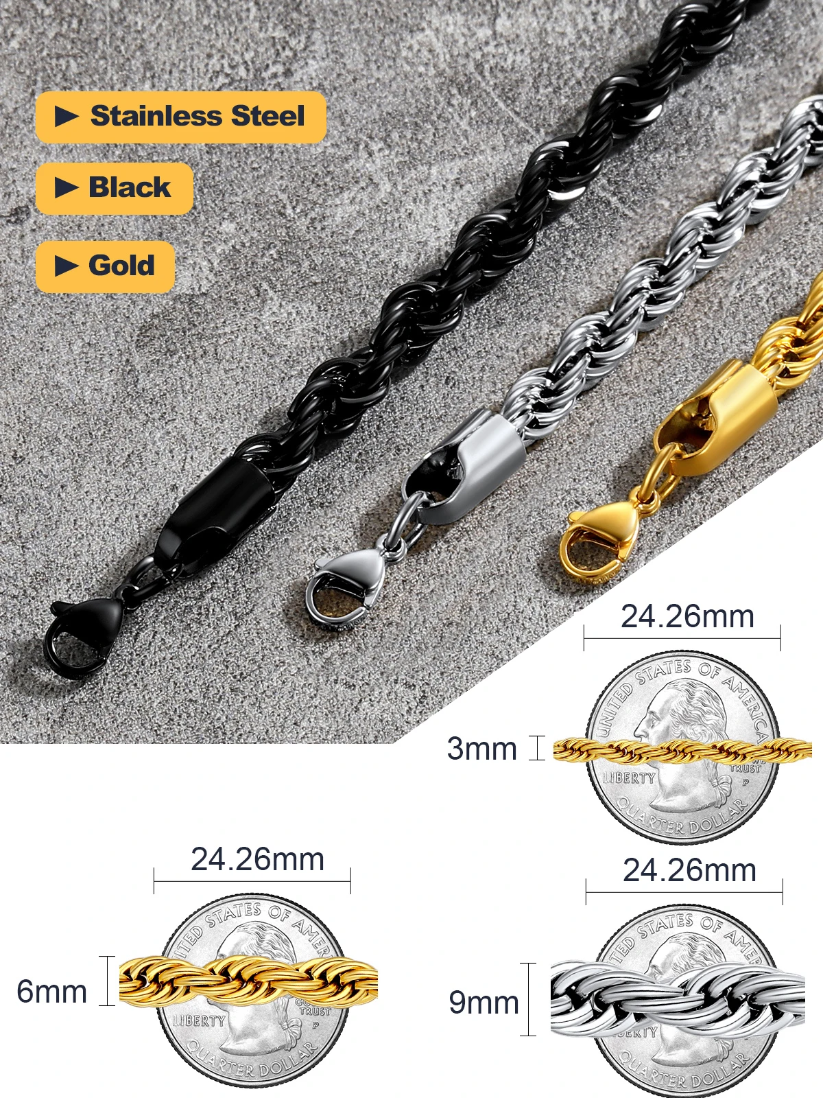 U7 Stainless Steel 3/6/9mm Twisted Rope Chain Necklaces For Men Woman Link Chain 18-30 inch Classic Stackable Daily Jewelry Gift
