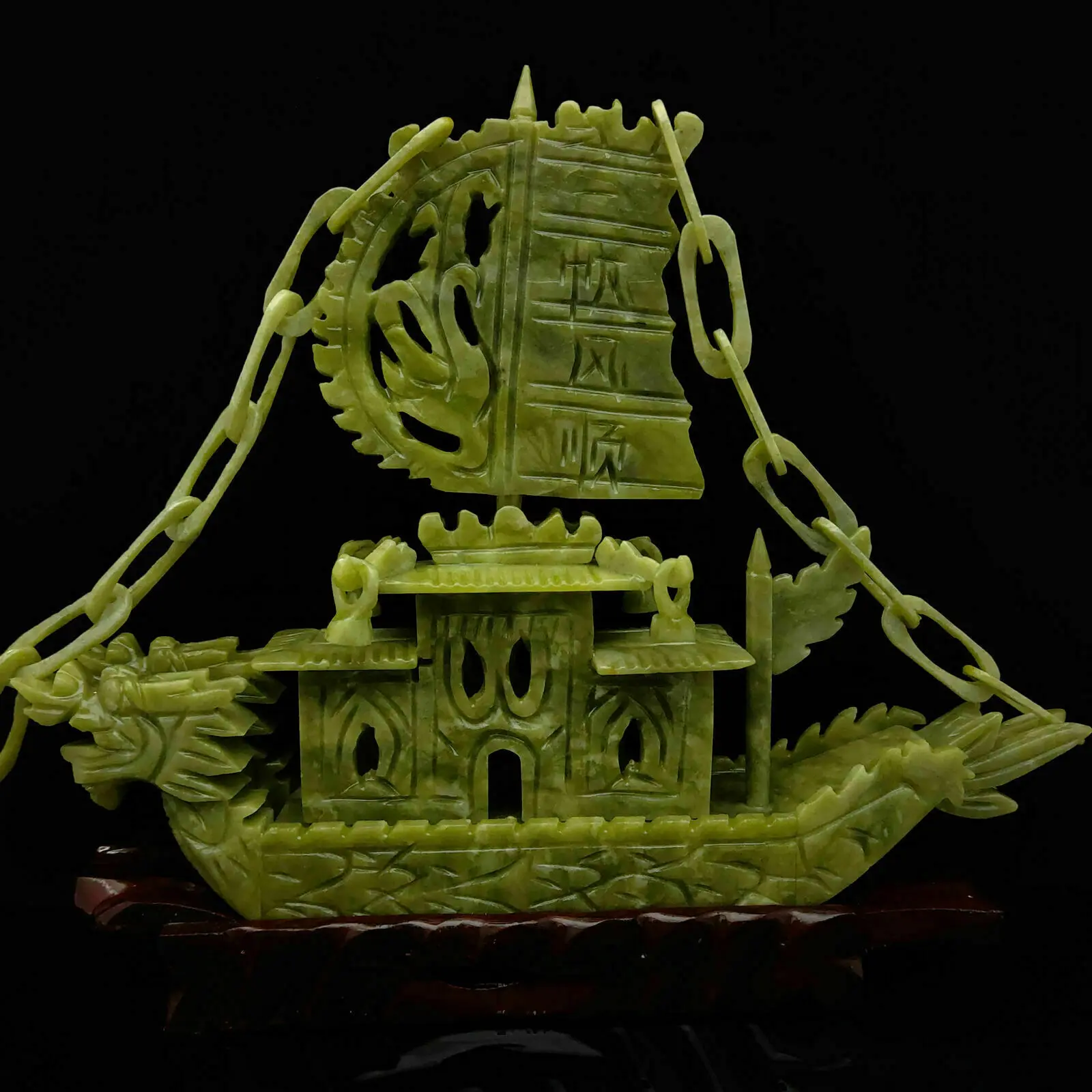 Chinese 100% Natural Jade Sculpture Carved Dragon shape boat Statue living room decoration