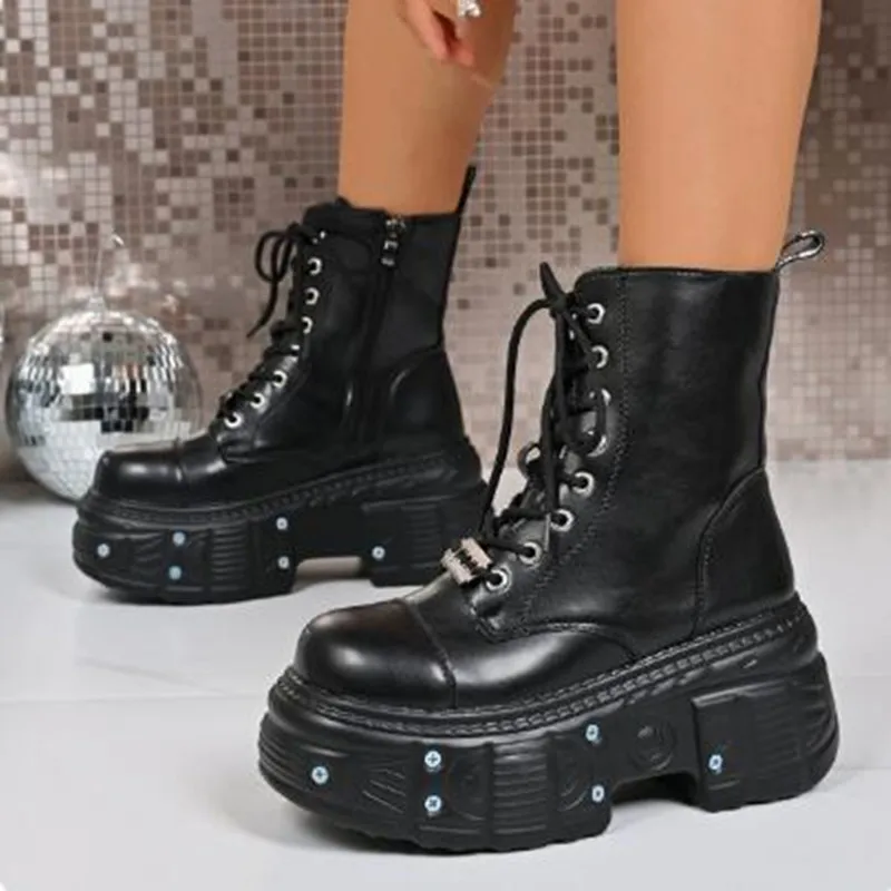 2026 New Goth Punk Women Platform Ankle Boots Female Rock Round Toe Lace Up Fashion Retro Chunky Shoes Metal Decor Short Booties