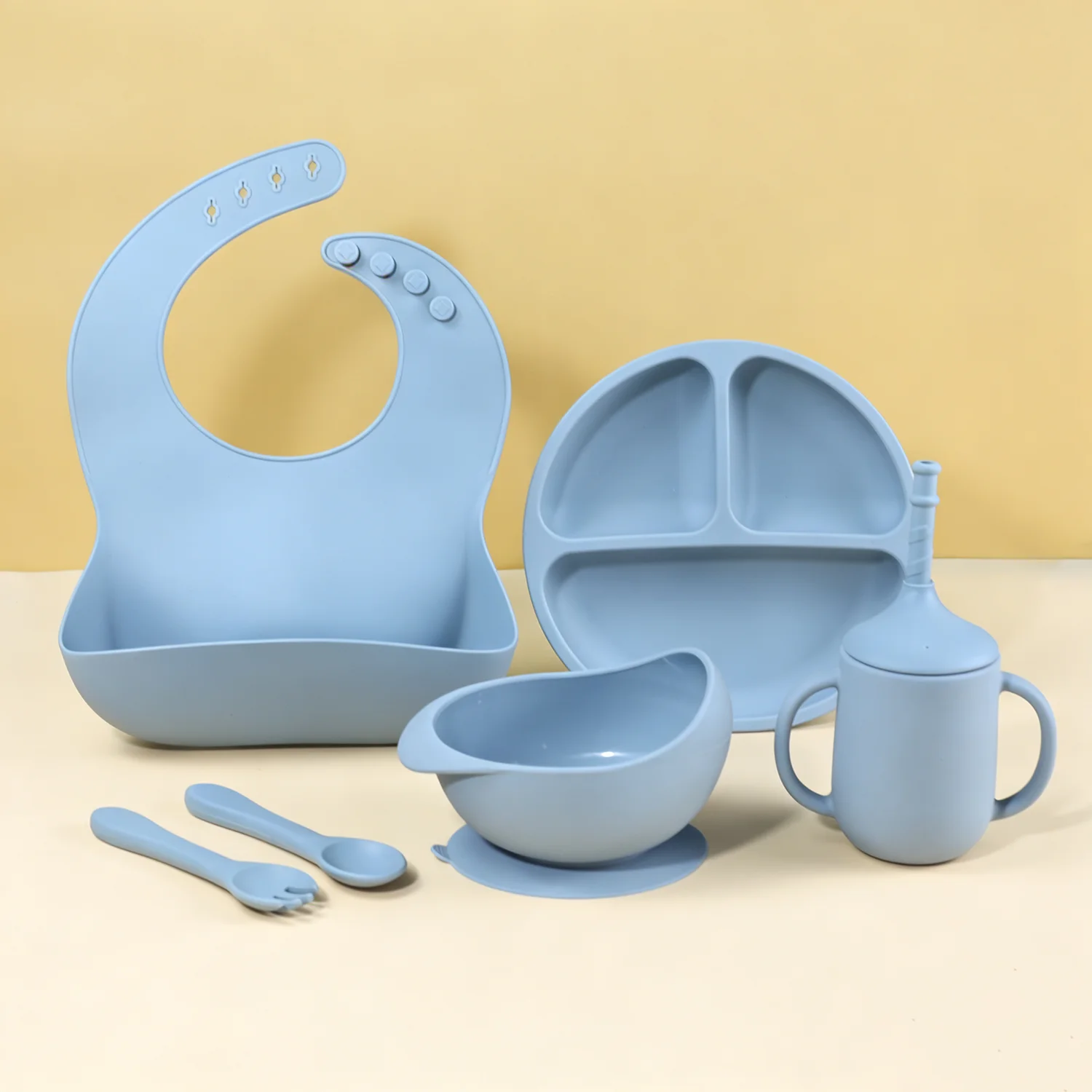 

Modern Design Silicone Leak Proof Tableware Set Includes Bib Spoon Fork Suction Plate Bowl Kids Dinner Eco-Friendly Baby Feeding