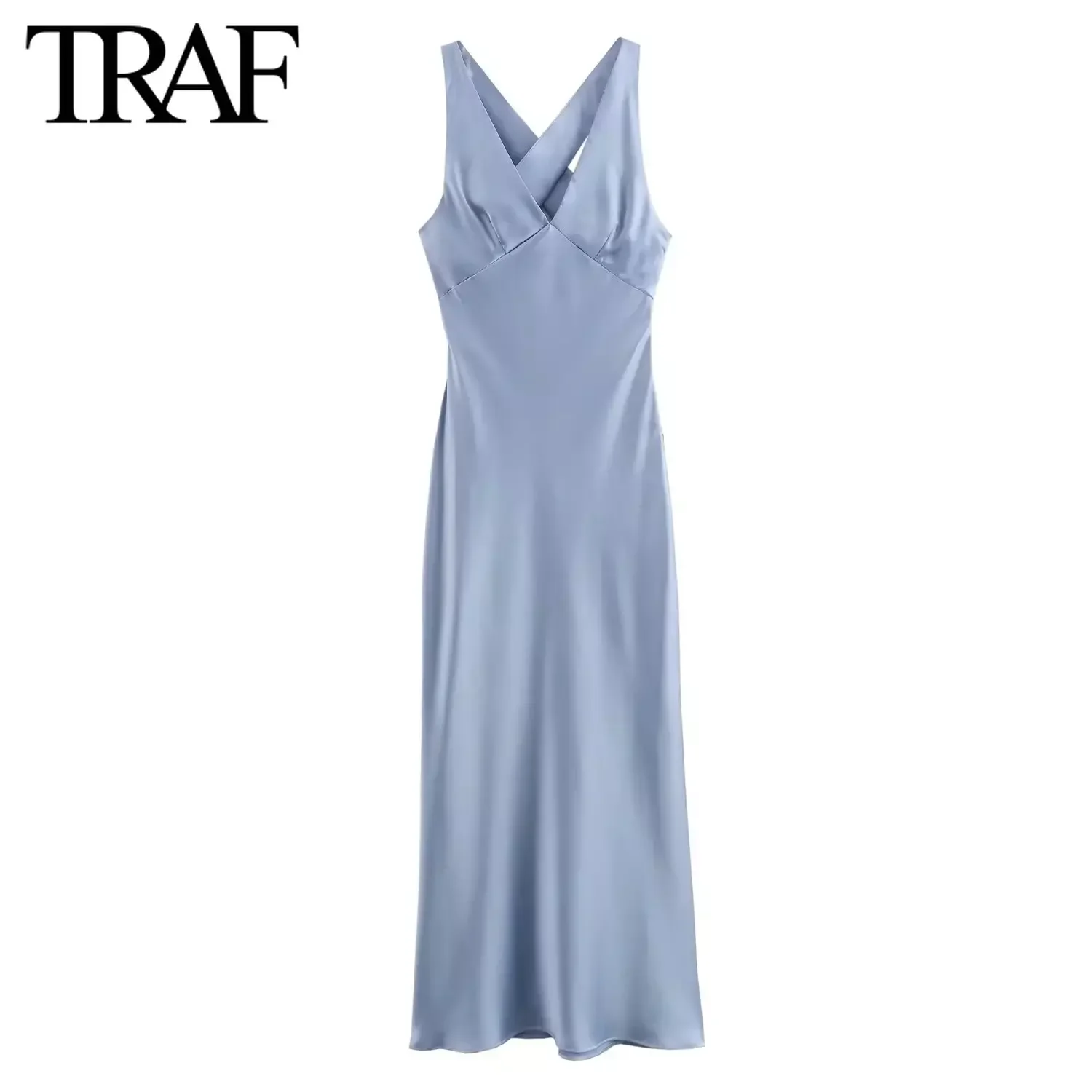 TRAF Women Fashion Summer New V-Neck Side Zip Sleeveless Back Cross Sexy Vest Dress Chic Female Evening Vestidos De Mujer