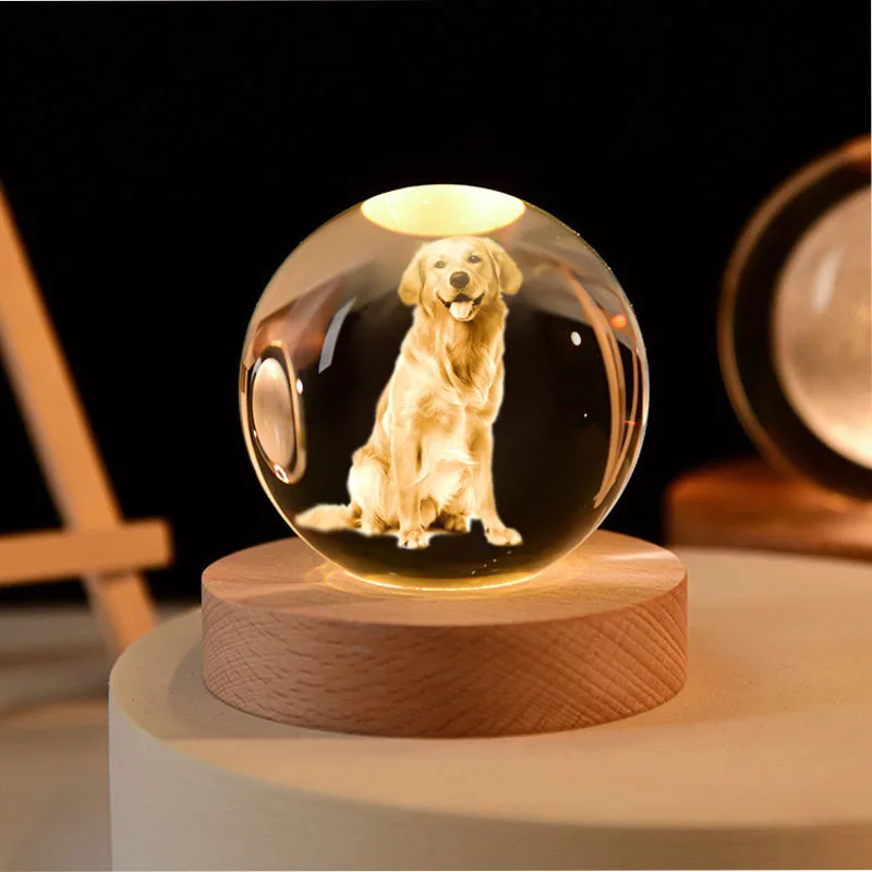 

Personalized Custom 3D Laser Engraved Crystal Ball Night Light Wooden Base Gift Commemorate Family and Important Days