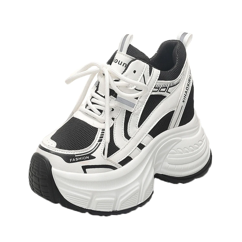 Primavera 2025, zapatos informales de suela gruesa para mujer, zapatos altos para papá, zapatos de cuero con cordones y bloques de Color para estudiantes, altura aumentada interior