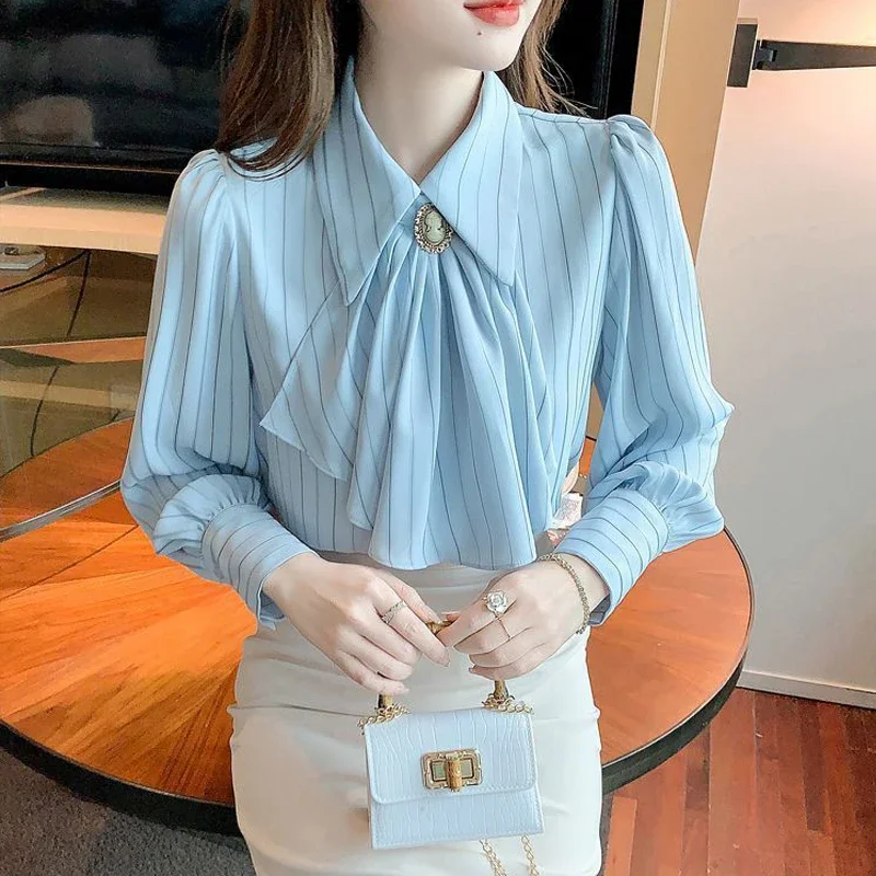 Spring Autumn Women's Korean Fashion Vintage Striped Print Shirt Office Lady Business Casual Elegant Blouse Bow Long Sleeve Tops