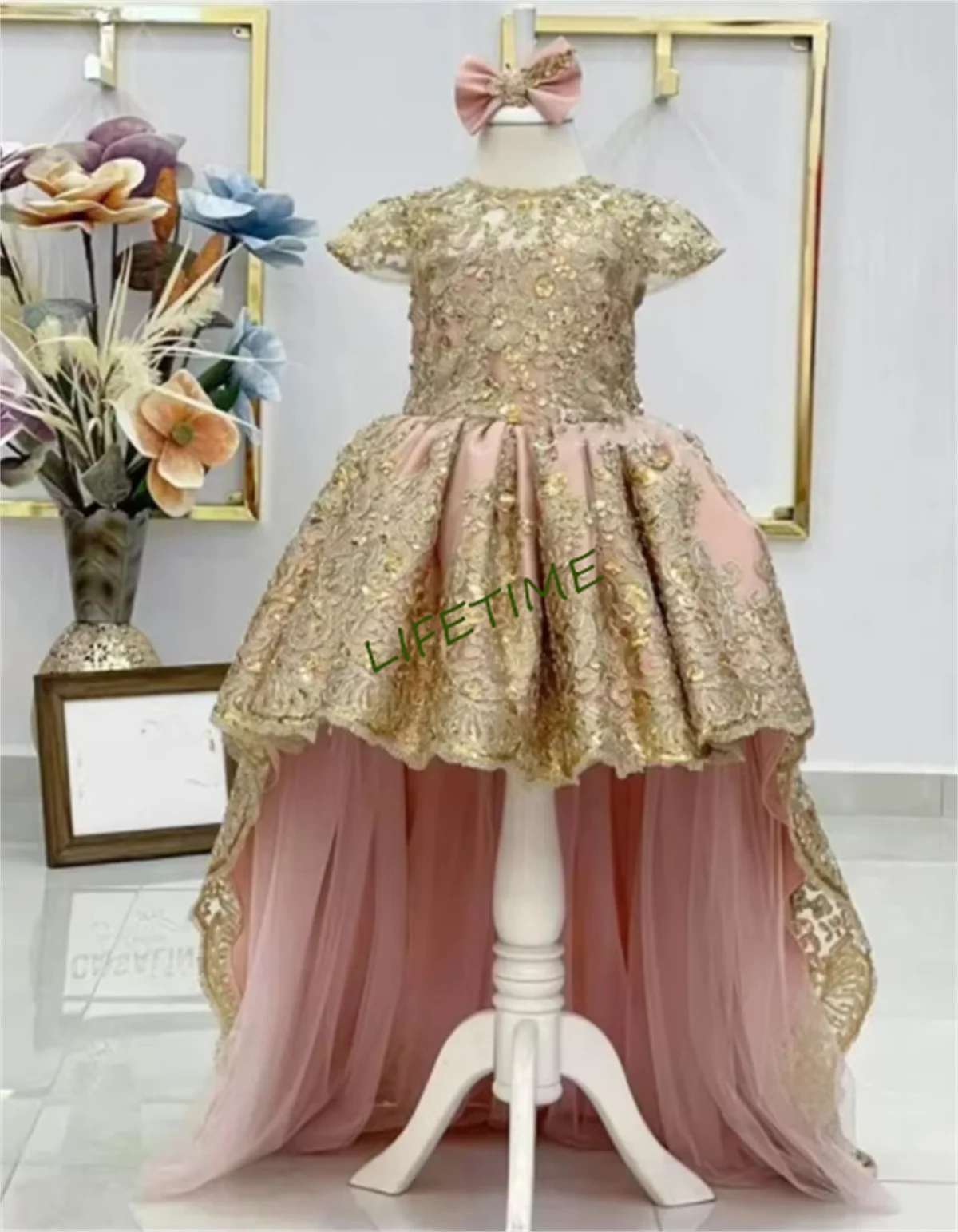 Handmade Baby Girl Dress Gold Lace Applique Pink Birthday Girl Dress Princess Flower Girl Dress Long Puffy Party Dress 12M 24M