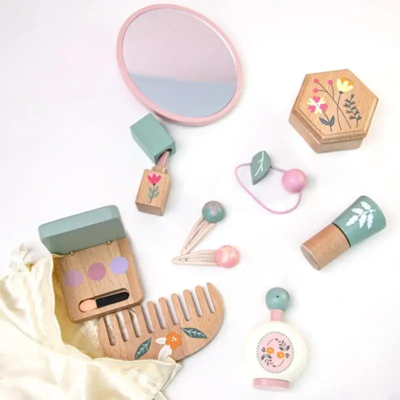 Juega maquillaje madera 10 piezas para niña 3 4 5+ con herramientas cosméticas Mirror Creative Gift A2ub