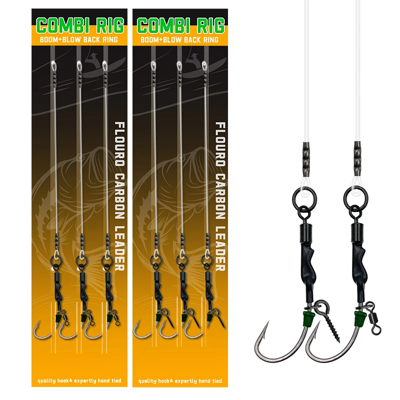 Kit de Anzóis Premium para Pesca de Carpa com 3/6 Peças, Linha Invisível 100% Fluorocarbono + Giradores Rolantes |   Rigs de Cabelo Resistentes para Método de Alimentação