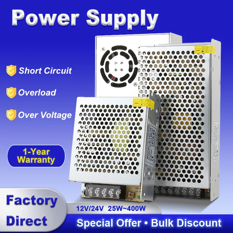 12V 24V Single Output Switching Power Supply S 25W-400W Dual Cooling AC to DC Converter Enclosed Aluminum Housing for LED CCTV