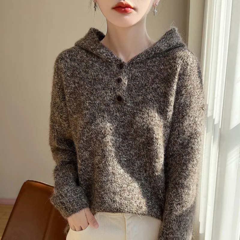 Women's Fleece-Lined Thick Pullover Hoodie Autumn and Winter Knitted Sweater Loose-Fit Casual Long-Sleeve Top Jacket