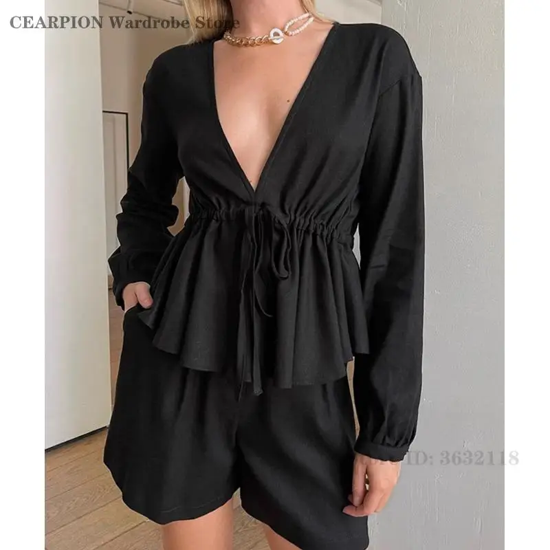 Black Cotton Sleepwear Women V-Neck Drawstring Tops&Shorts 2PCS Pajamas Set Causal Fashion Pijama Mujer Loose Home Clothes