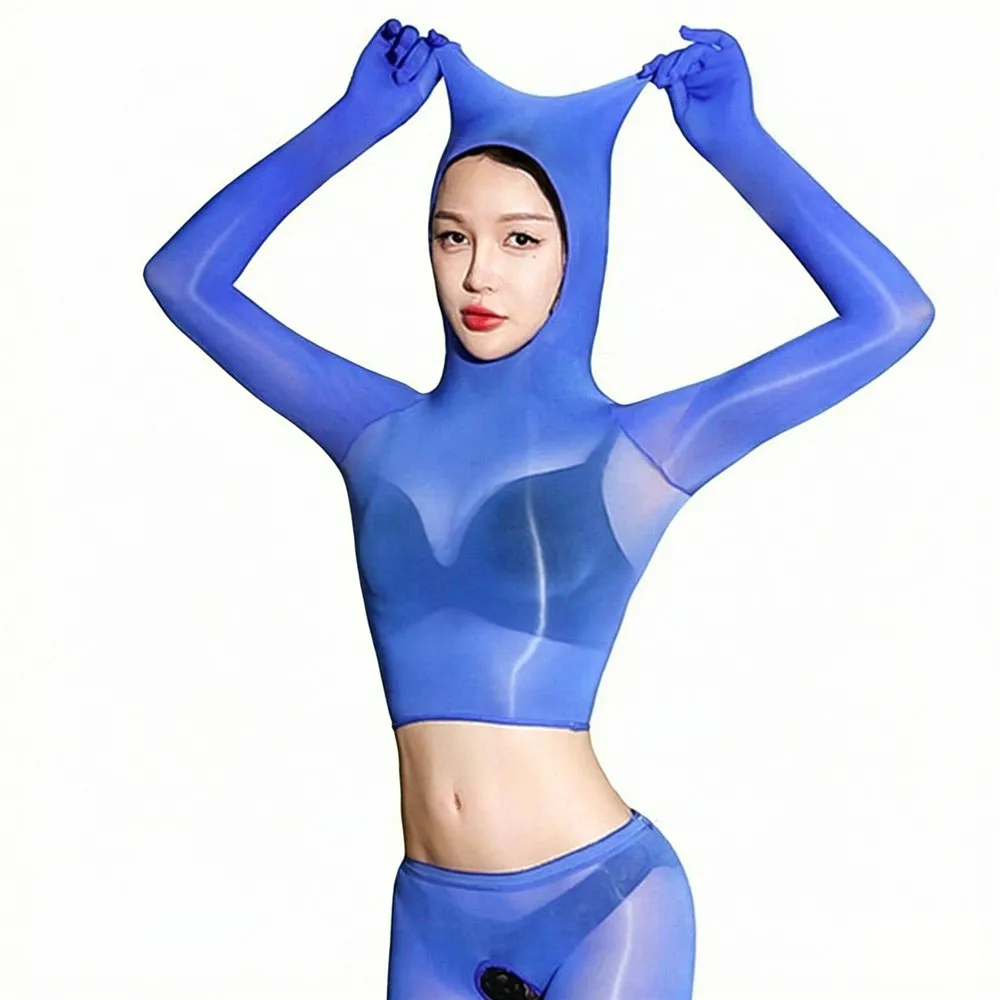 Women's Five Finger Gloves Sleeve Cover Head Elastic T-shirt See Through Tights Oil Glossy Shiny Sheer Hood Mask Short Crop Tops