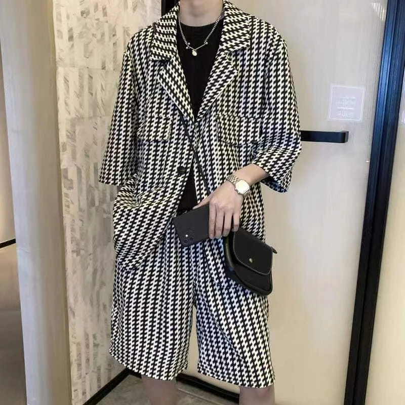 Summer Short Sleeve Blazer Set for Men Edgy Stylish Two Piece Outfit Male Fashion Suit with Premium Feel Lightweight Office