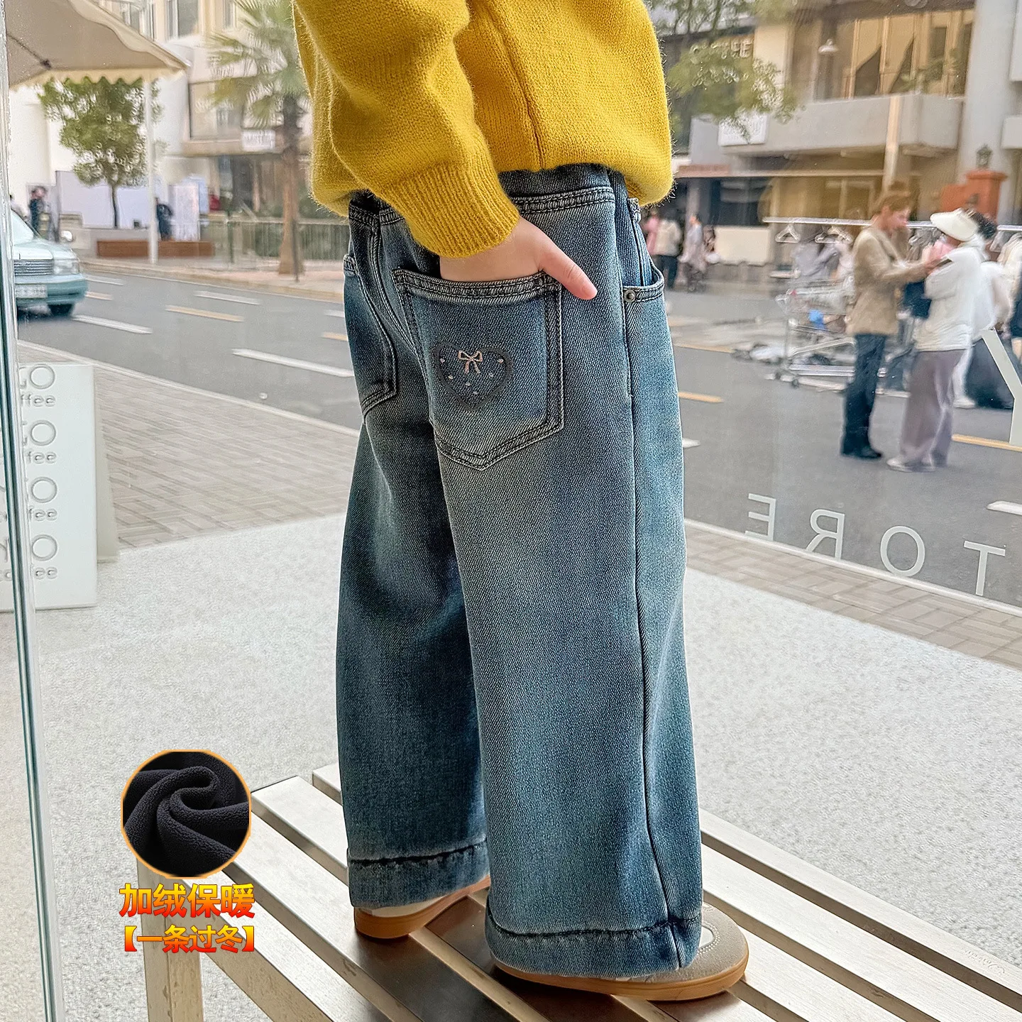 

Новые зимние джинсы для маленьких девочек, детские флисовые джинсовые штаны с вышивкой для девочек, теплые синие прямые штаны для маленьких девочек