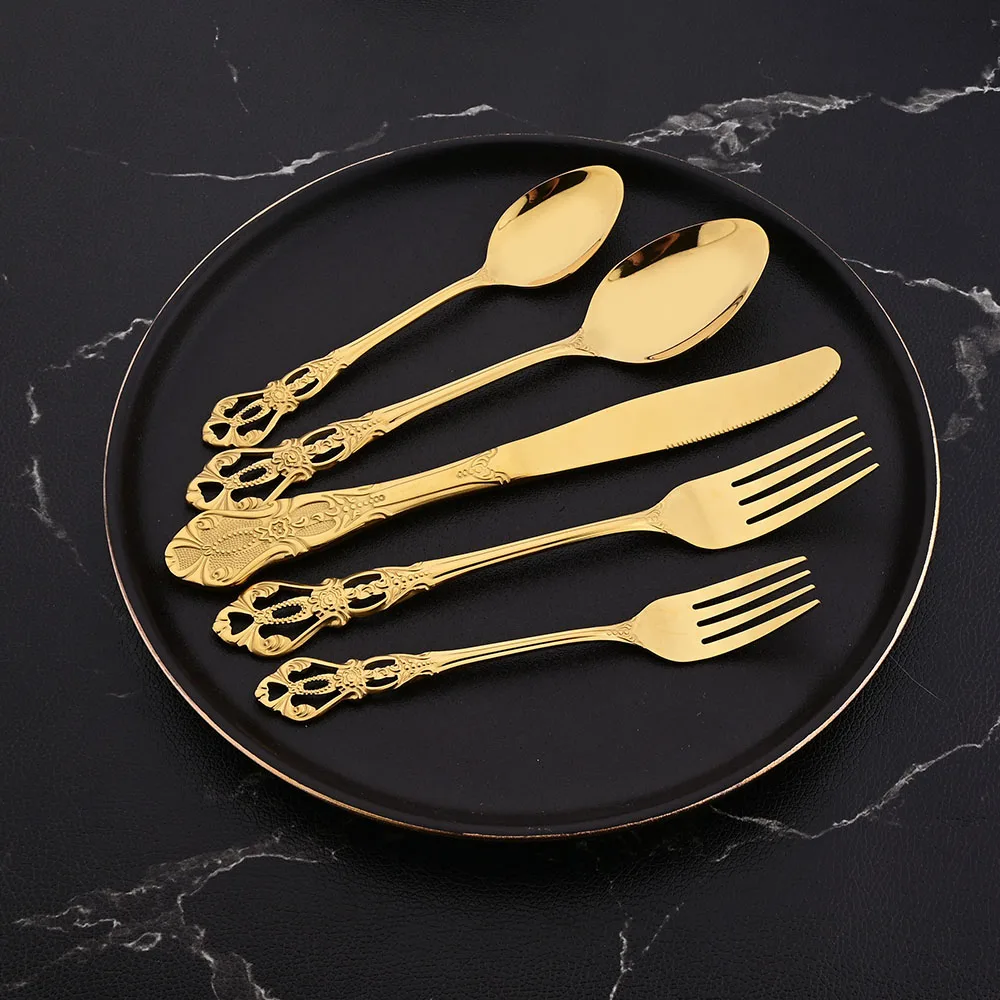 5Pcs Royal Gold Dinnerware Set Knife Dessert Fork Spoon Cutlery Set Stainless Steel Silverware Kitchen Tableware Flatware