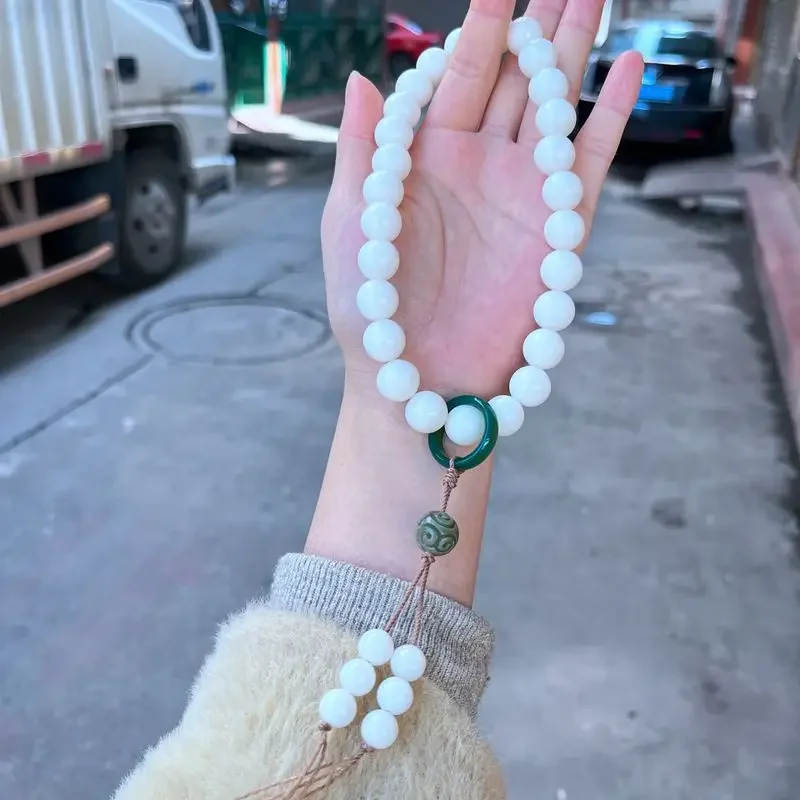 Bodhi root hand string White jade Bodhi son round bead Hand bodhi son running ring text play Buddha bead bracelet for men women