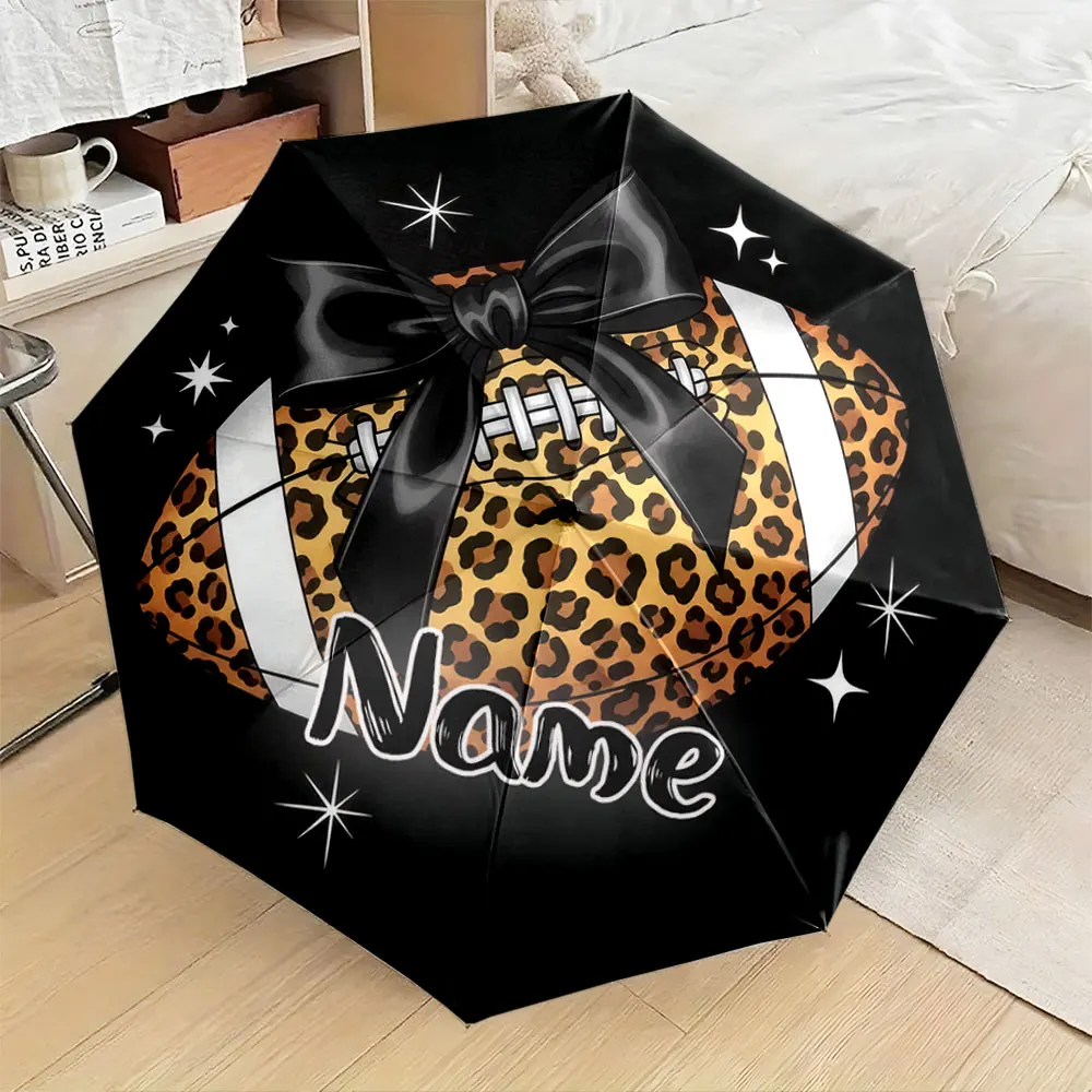 Custom Name Umbrella, Leopard Print Football with Bow Personalized Gift Umbrella Folding Umbrella for Sunny and Rainy,Gift