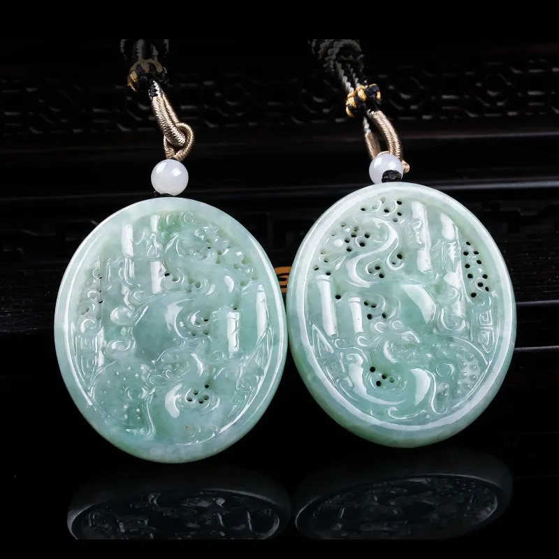 Natural A-grade jadeite with dragon and phoenix auspicious three-dimensional hollow out exquisite jade and high ice jade pendant