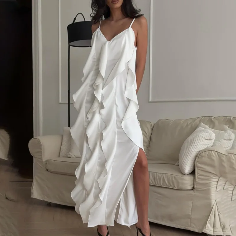 

Chic Solid Tube Long Dress for Women V-neck Sleeveless Ruffles Draped Side Split Robe 2025 Summer Elegant Female Party Dresses