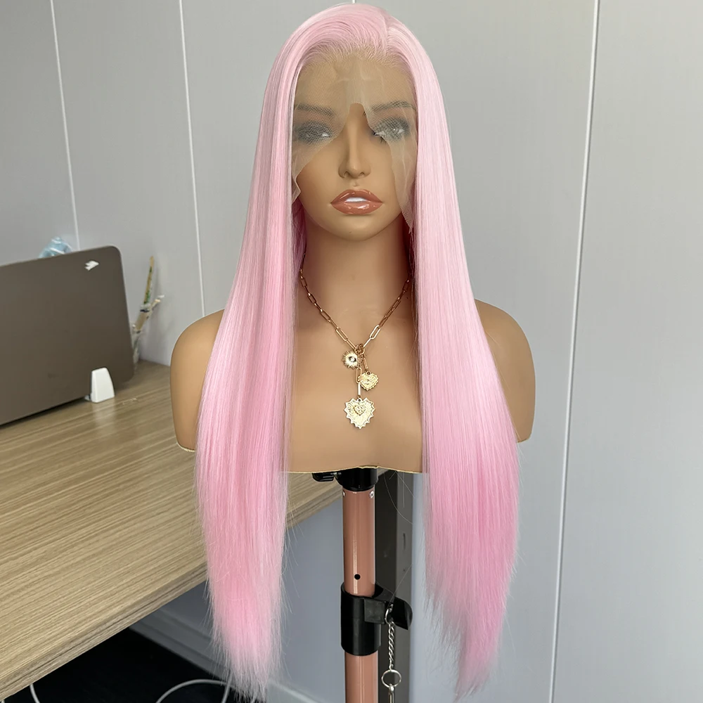 Pastel Pink Straight Synthetic Lace Wig Long Silk Straight Wig Frontal Lace Wigs for Women Cosplay Ready to Wear Light Pink Wig