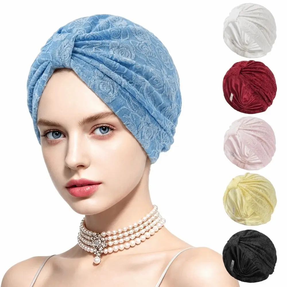 

Fashion Jacquard Lace Jacquard Turban Hat Elastic Front Twist Headscarf Cap Comfortable Breathable Beanie Cap Women's Fashion