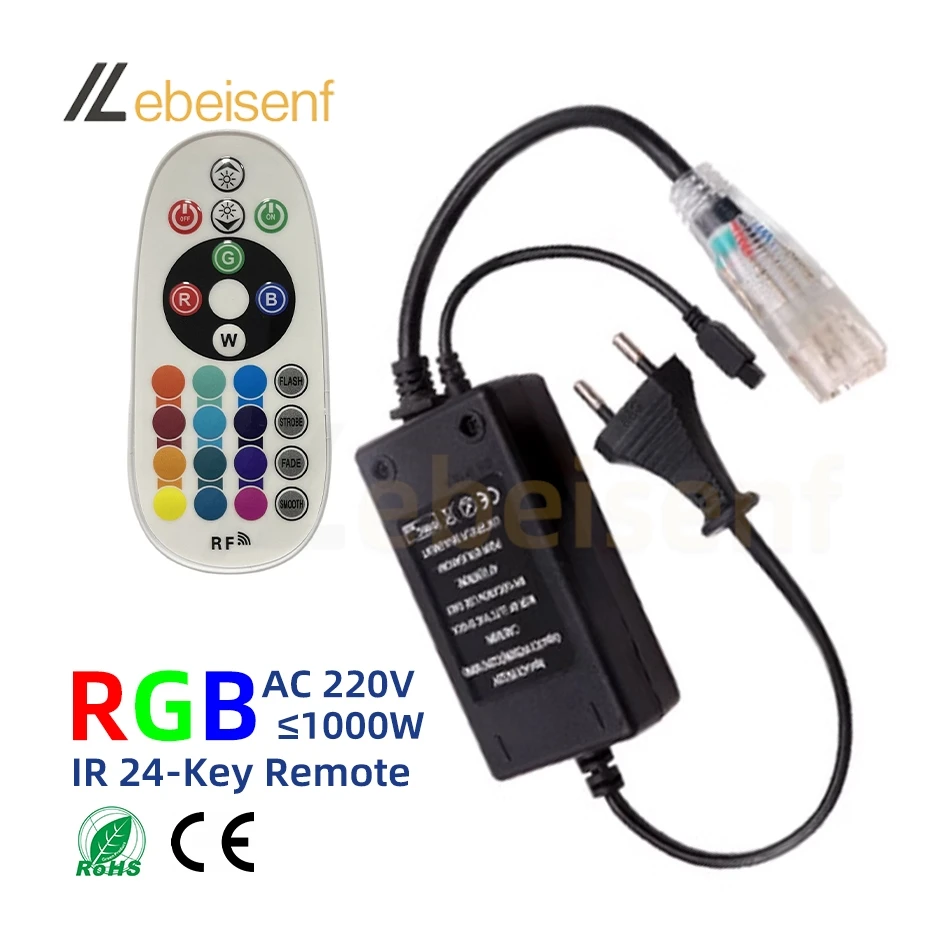 220V RGB Controller High-Voltage LED Strip Lights Dimmer 24-Key IR Wireless Remote EU Plug for Tape Bar Lamps Lighting Controls