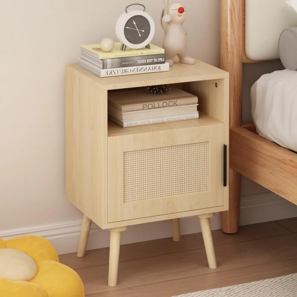 

Rattan Nightstand with Storage, Side Table for Bedroom Living Room Dorm, Modern Bedside End Table with Open Shelf, Customized