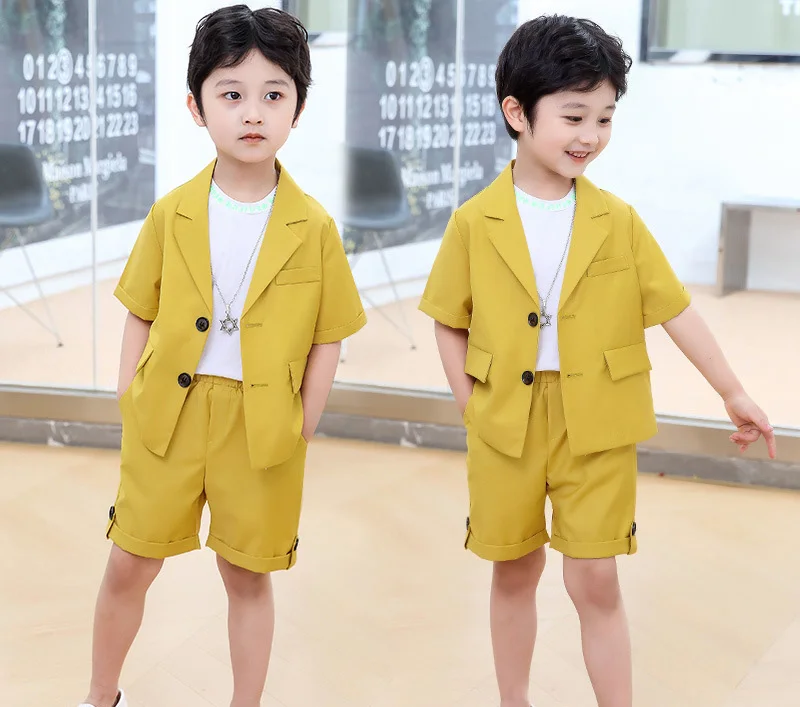 Boys Summer Royal Blue Suit Kids Jacket Shorts 2Pcs Photograph Suit Children Birthday Graduation Wedding Performance Party Dress