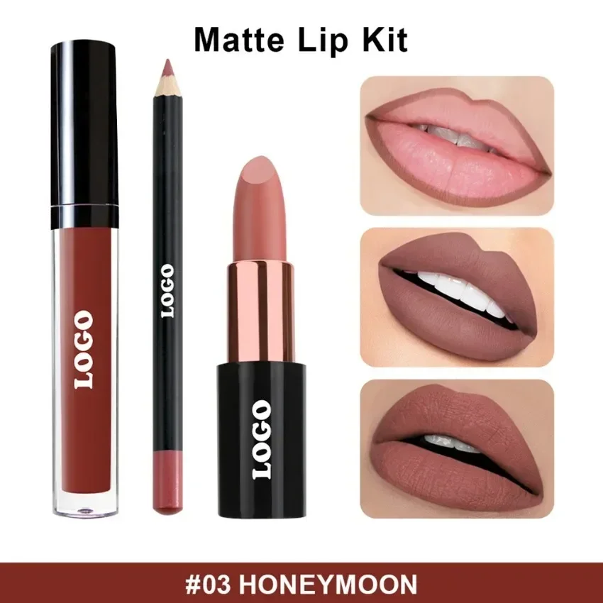 3 Pieces Lipstick Lip Gloss Lipliner Kit Custom Logo Pigment Long Lasting Non-stick Private Label Makeup Bulk Black Round Tube