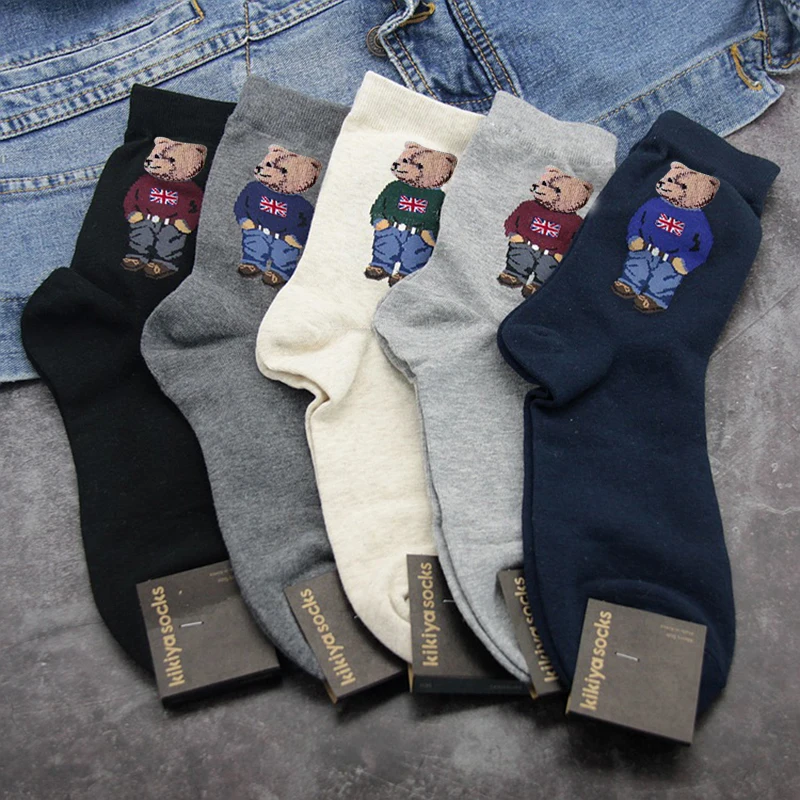 Cartoon Bear Business Men\'s Socks Cotton Harajuku Skateboard Socks Novelty Breathable Sox Christmas Gift носки calcetines носки