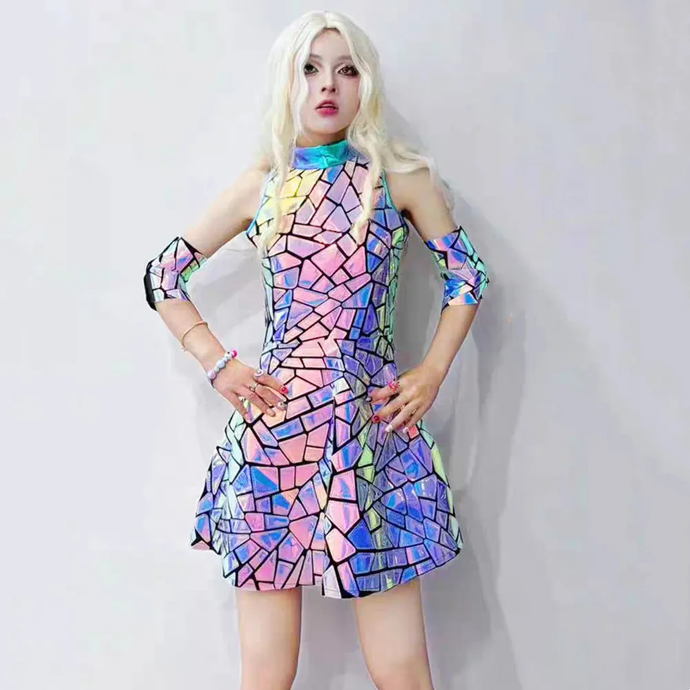 

Женский танцевальный костюм певицы для бара, ночного клуба, блестящее синее, фиолетовое, с пайетками, короткое платье без рукавов, одежда для дня рождения, выпускного вечера, сценическая одежда