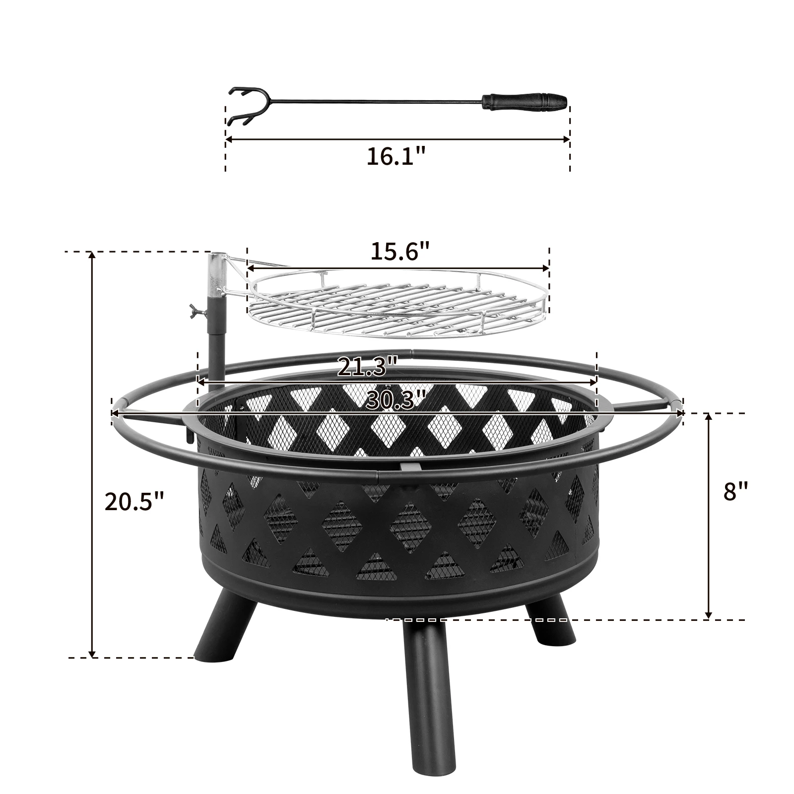 30in Outdoor Metal  Fire Pit  with Cooking Grates Black