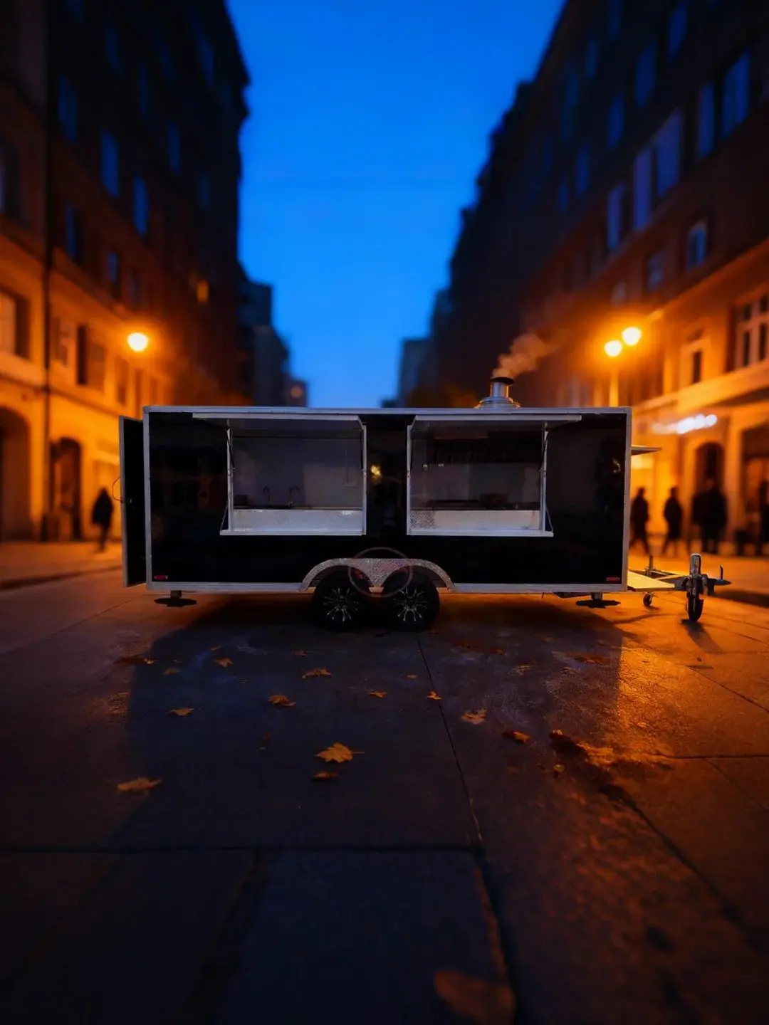 Outdoor Food Trailer Black Sleek Design with 2 Serving Windows And Smoke Exhaust Duct Metal Edging Durable Street Eats Stand