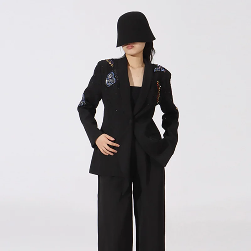 French Style Elegant Commuter Jackets Fashion Beaded Diamond Versatile Single Button Slim Fit Blazer Coats for Women 2025 Autumn