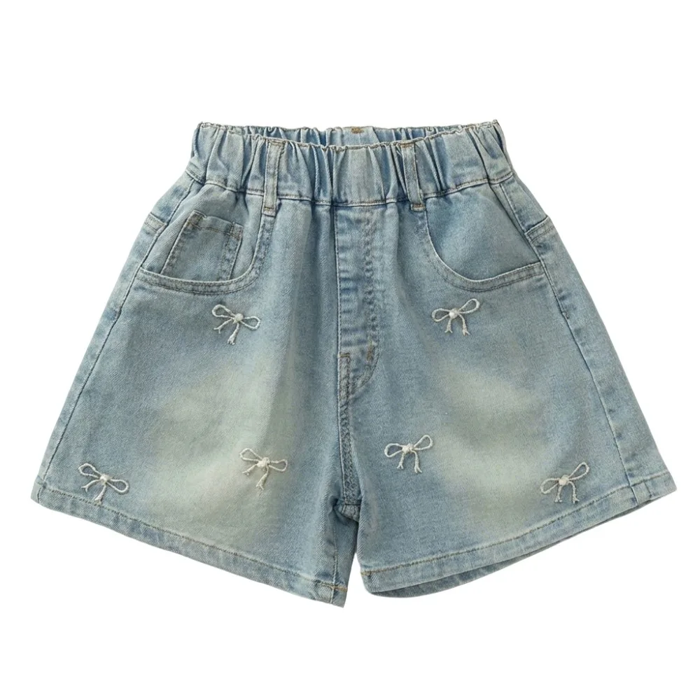 New Bow Embroidery Girls Denim Shorts Breathable Loose Fit Summer Shorts Sweet Elastic Waist Short Jeans