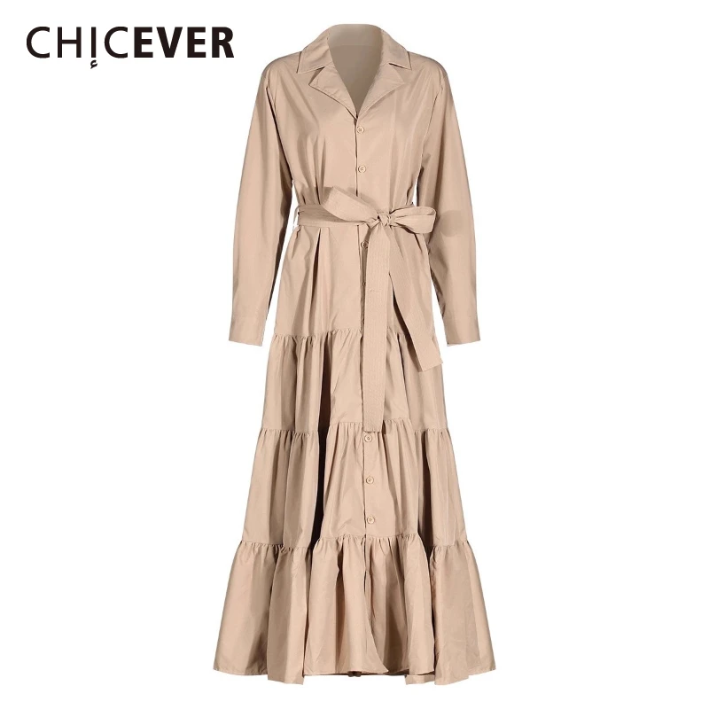 

CHICEVER Solid Spliced Lace Up Chic Dress Female Lapel Long Sleeve Loose Temperament Women's Dresses Autumn Style Fashion New