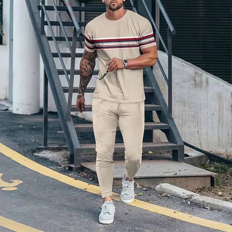 Newest Summer Men 3D Printed short T-shirt Trousers Set Men T-shirt Trousers Set Man Short Sleeve Long Pants Set Retro Casual