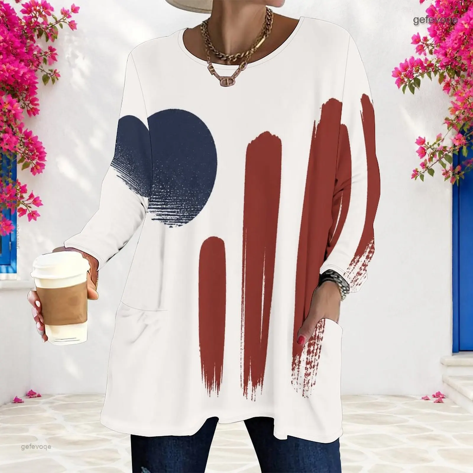 Women Distressed US Flag Print Round Neck Long Sleeve Loose Top With Side Pockets