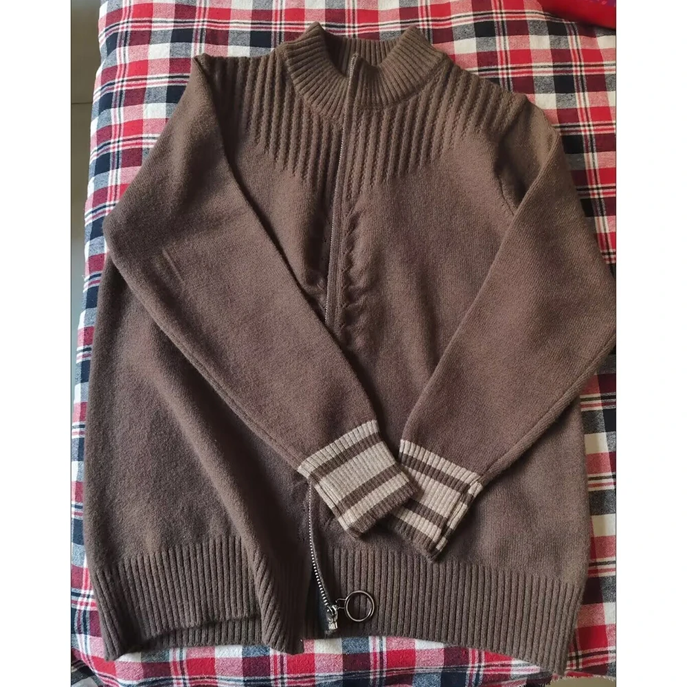 Chaqueta cárdigan de punto con cremallera y cuello levantado para mujer, cárdigans de manga larga de Color sólido, suéter grueso, abrigo 3XL