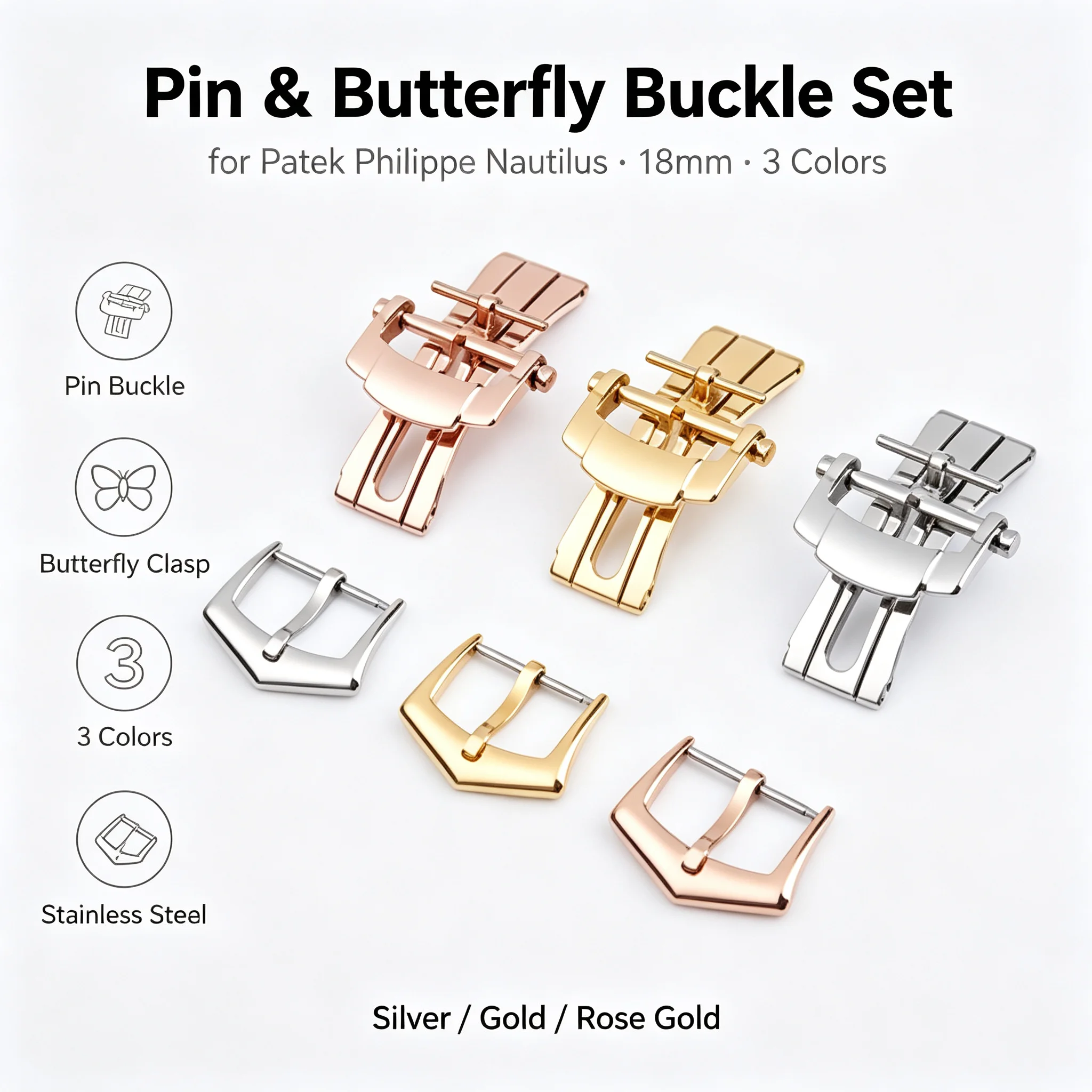 18mm Pin Butterfly Buckle for Patek Philippe Nautilus Silver Gold Rose Gold Stainless Steel Replacement Deployment Watch Clasp