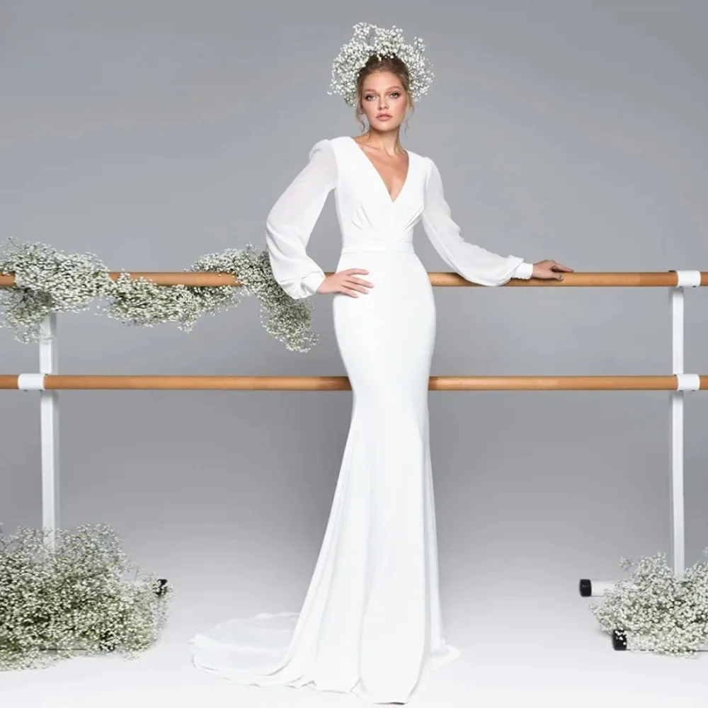 Customized V-neck Long Sleeved Mermaid Wedding Dress 2026 Fluffy Sleeves Flowing Trailing Pleats Exquisite Celebrity Bridal Gown